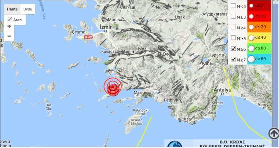 tarihinde Gökova Körfezi - Akdeniz de yerel saat ile 01:31 de aletsel büyüklüğü Mw=6.5 (Ml=6.