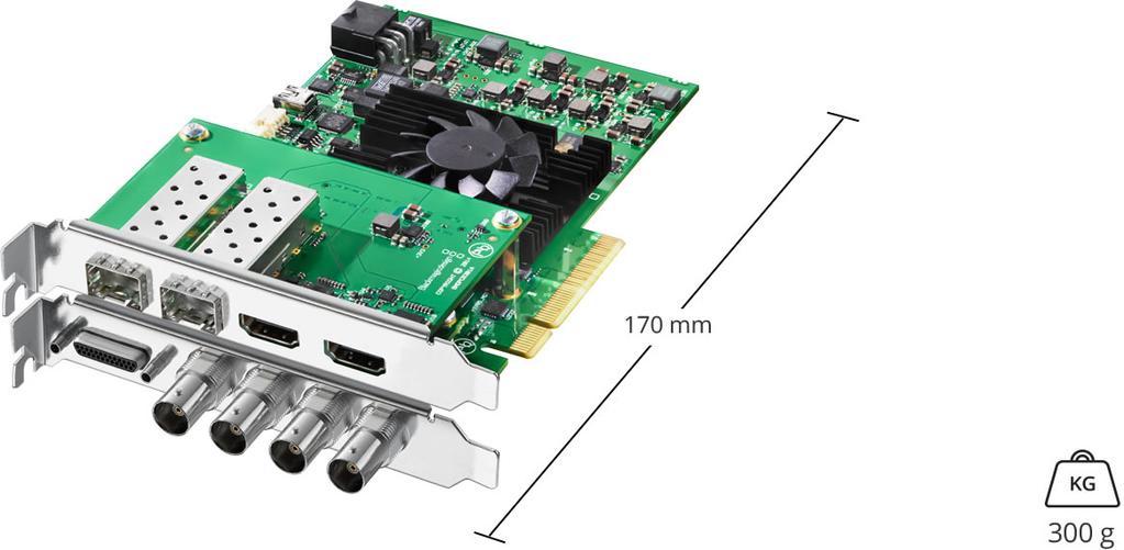 Fiziksel Spesifikasyonlar Kutu İçeriği DeckLink 4K Extreme 12G HDMI ara kat kartı Yazılım ve kullanım kılavuzu ile SD kartı Analog ve RS-422 kontrol için breakout kablosu.