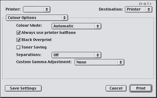 MAC OS 9 1. [Dosya] [Yazdır] seçeneğini belirleyin. 1 2 3 2. [Yazıcı] menüsünden (1) yazıcı modelinizi seçin. 3. [Renk Seçenekleri]'ni (2) seçin. 4.