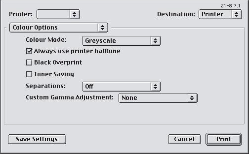 MAC OS 9 1. Uygulama programınızda [Dosya] [Yazdır]'ı seçin. 1 2 3 4 2. [Yazıcı] menüsünden (1) yazıcınızı seçin. 3. Sonraki menüden (2) [Renk Seçenekleri]'ni seçin. 4. [Renk Modu] menüsünden (3) [Gri tonlamalı]'yı seçin.