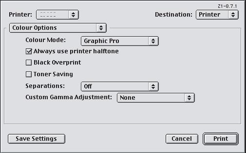MAC OS 9 / CLASSIC Kaynak RGB belgesi kullanıyorsanız, yazıcı sürücüsünde aşağıdaki seçimleri yaparak başka bir yazıcı çıkışının benzetimini oluşturun: 1. [Dosya] [Yazdır] seçeneğini belirleyin. 2.