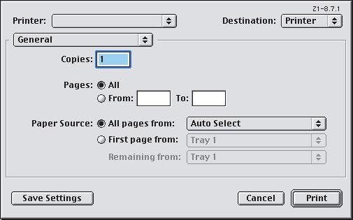MAC OS9.X 1. [Dosya] [Yazdır] seçeneğini belirleyin. 1 2 3 2. Yazıcı menüsünden (1) yazıcı modelinizi seçin. 3. [Genel]'i (2) seçin.