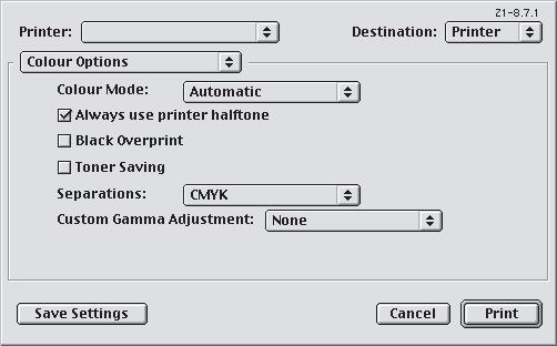 MAC OS9 1. [Dosya] [Yazdır] seçeneğini belirleyin. 1 2 3 2. Yazıcı menüsünden (1) yazıcı modelinizi seçin. 3. [Renk Seçenekleri]'ni (2) seçin.