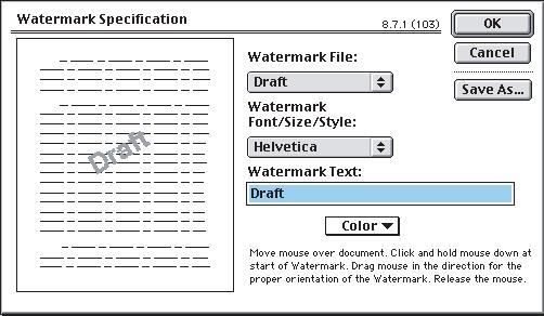[Yok] (filigran yok), [İlk] veya [Tümü]. 4. Kullanılacak filigranın türünü seçin (3): PICT dosyası, EPS dosyası veya düz metin. 5.