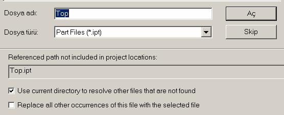 Windows Explorer kullanarak, C:\_P01-Ana\Top dizini altında bulunan TOP.IPT dosyasını C:\_P01-DIS dizini altına taşıyın. Dikkat ederseniz, bu dizin, proje dosyasında tanımlanmış bir dizin değil. 2.
