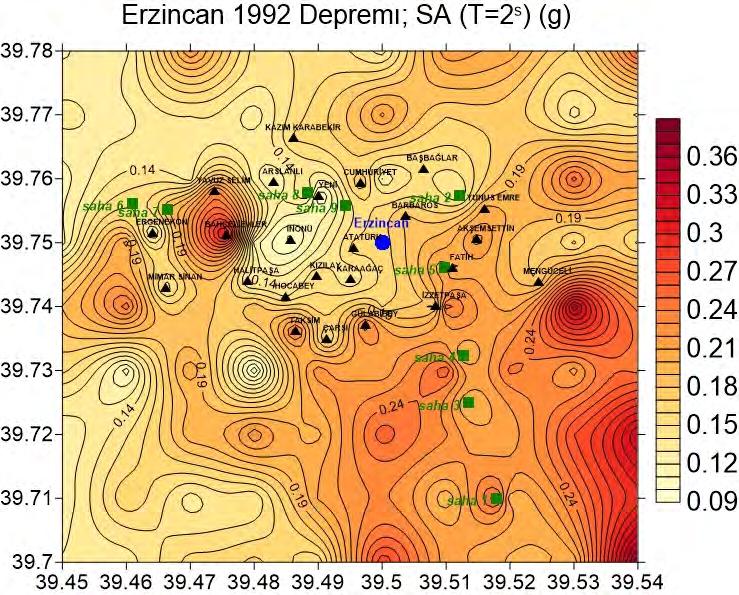 Şekil 54. Simülasyon sonuçlarına göre Erzincan 1992 depremi sırasında il merkezinde gözlemlenmiş olması muhtemel spektral ivme (T=2 san.) dağılımı 2.4.2 Aşama 4.