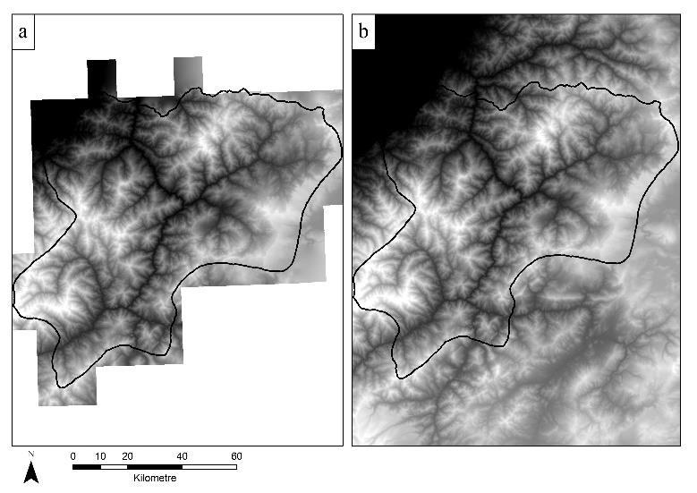 SRTM ve Topoğrafik Harita Verileri Kullanılarak Artvin İlindeki Yağış Havzalarının Fiziksel Özelliklerinin Belirlenmesi Şekil : Sayısal Yükseklik Modeli (a: Topoğrafik Haritalardan elde edilen, b: