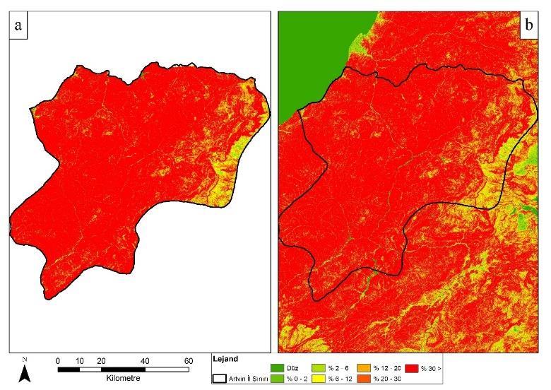 SRTM ve Topoğrafik Harita Verileri Kullanılarak Artvin İlindeki Yağış Havzalarının Fiziksel Özelliklerinin Belirlenmesi Hem topoğrafik harita hem de SRTM verilerinden eğim sınıfları haritası (Şekil