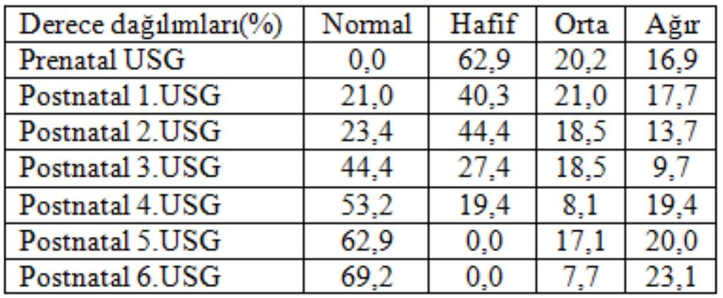 Kırk iki böbreğin 35 tanesi (%83,4) normal saptanırken, 3 tanesi (%7,1) skarlı, 3 tanesi (%7,1) nonvisualize ve 1 tanesi atrofik (%2,4) böbrek olarak saptandı.