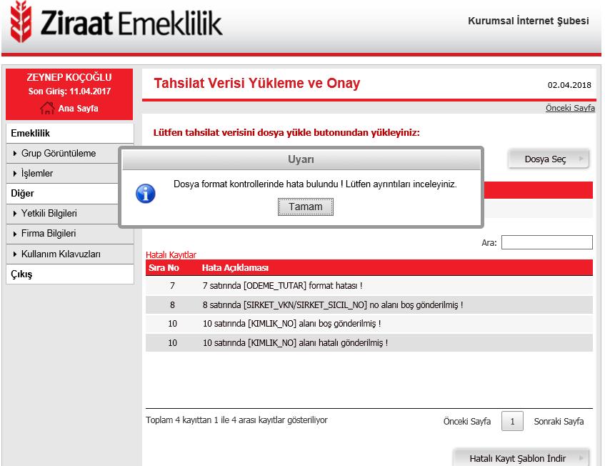 Kayıt edilen bilgilerde hatalı bilgi mevcut ise aşağıdaki Uyarı ekranı açılır ve işlem yapılamaz.