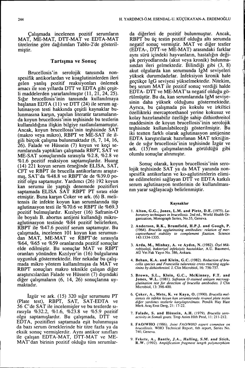 244 H. YARDIMCI-Ö.M. ESENDAL-U. KOÇOKA YAN-A. ERDEMOÖLU Çalışmada incelenen pozitif serumların MAT, ME-MAT, DTI-MAT ve EDTA-MAT titrelerine göre dağılımlan Tablo-2'de gösterilmiştir.