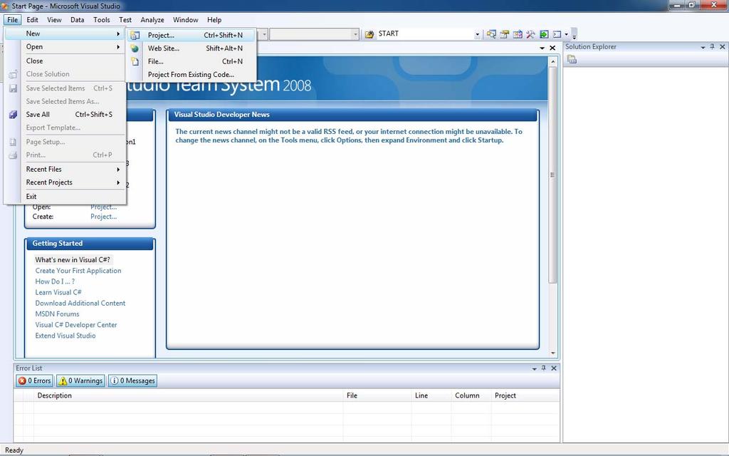 Microsoft Visual Studio 2008 yazılımının arayüzü File