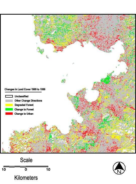 Şekil 3 1989 ve 1999 görüntülerinde orman ve şehir alanlarının değişim desenleri Deniz yüzeyi yansıma ve sıcaklıklarına ait haritalar şekil 4 ve şekil 5 de sunulmaktadır.