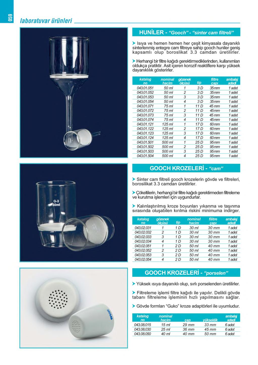 650 laboratuvarürünleri HUNİLER - Gooch - sintercam filtreli > Isıya ve hemen hemen her çeşit kimyasala dayanıklı sinterlenmiş entegre cam filtreye sahip gooch huniler geniş kapsam lı olup boroslikat