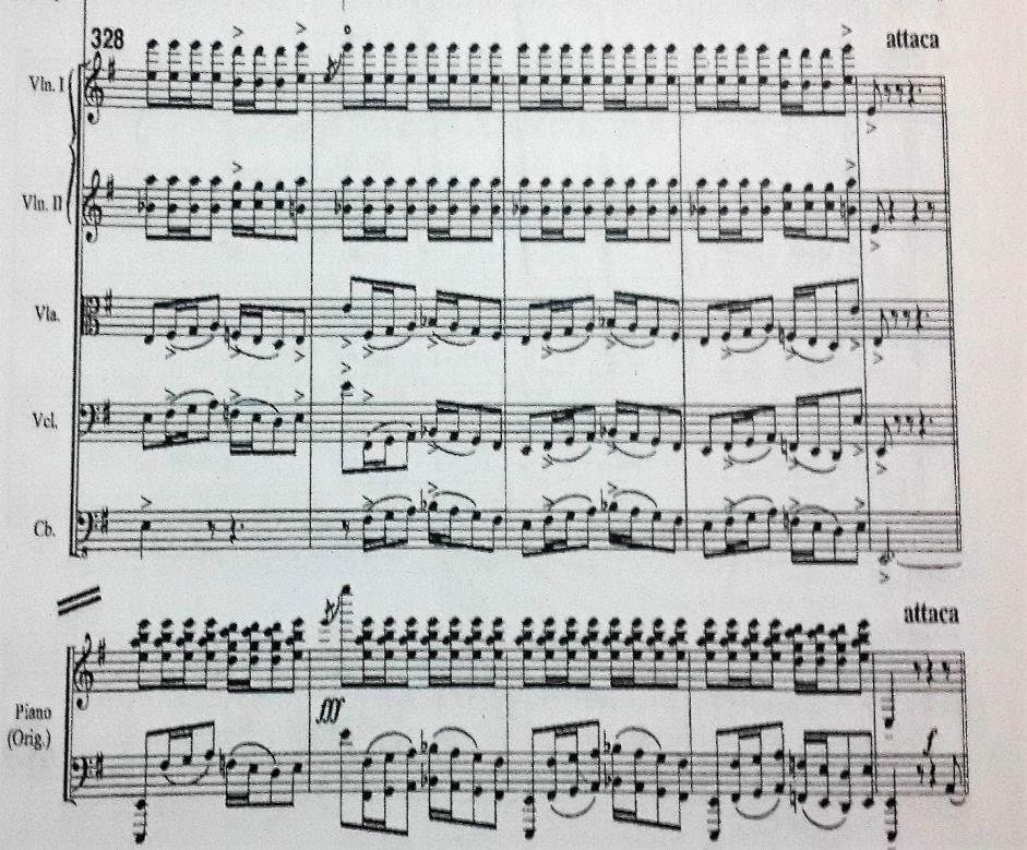 Şekil 22: Muammer Sun un Yurt Renkleri Orkestra Süitinin Oyun Bölümünden (Sun, 2008: 81) Piyano partileri yaylı çalgılara dağıtılırken, ses dengeleri ve özellikleri dikkate alınarak dağıtılmıştır.