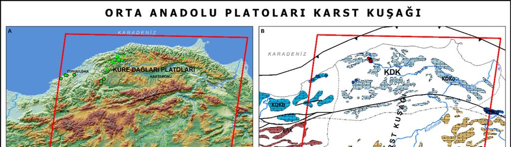 4a: Covered, mul -period, concentric karstat Western Black Sea karst area (Akçakoca, Düzce), 4b: Polje that has developed on Jura limestones and