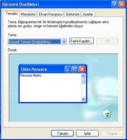 Bu diyalog kutusunda Windows XP de 5 diğer sürümlerinde 6 sekme bulunmaktadır. Temalar sekmesi pencerelerin görünümlerini ayarlamak amacıyla kullanılmaktadır.