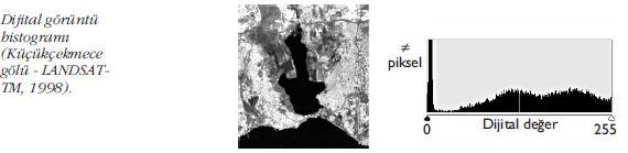 Sayısal Görüntünün Özellikleri Histogram: Görüntüdeki her bir parlaklık değerini içeren toplam piksel sayısı ile görüntü piksellerinin istatistiksel dağılımı gösterilmektedir.