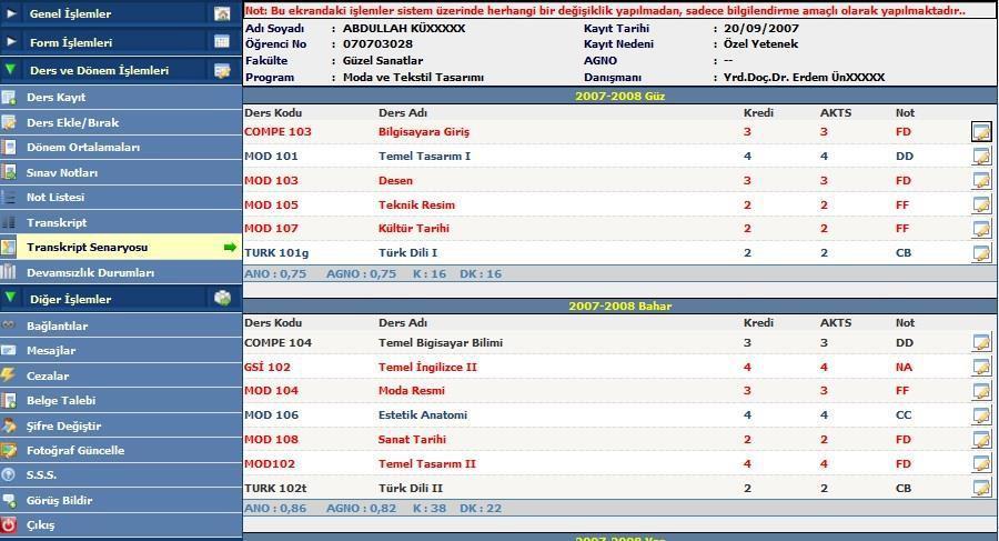 Transkript Senaryosu Bu ekranda öğrencinin bilgileri, AGNO su ve tüm dönemlerden almış olduğu derslerinin dönemlere göre listesi ve notları görüntülenmektedir.