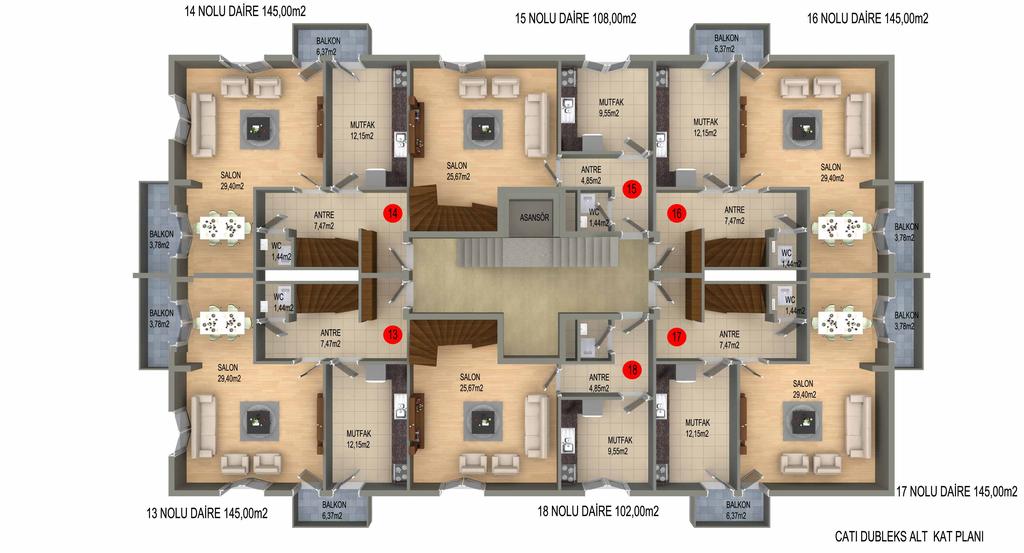 A-B BLOK ÇATI DUBLEKS 2+1 102 m 2 ÜST KAT