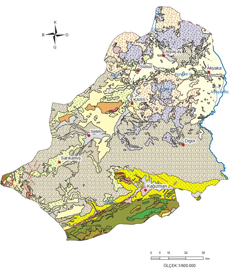 kısımlar (Digor ile Sarıkamış arası) Miyosen-Pliyosen yaşlı volkanikler, gri renkli sürsajlı kısımlar (susuz kuzeybatısı, Arpaçay kuzeyi, Kars ile Digor arasındaki alanlar) Kuvaterner yaşlı bazalt