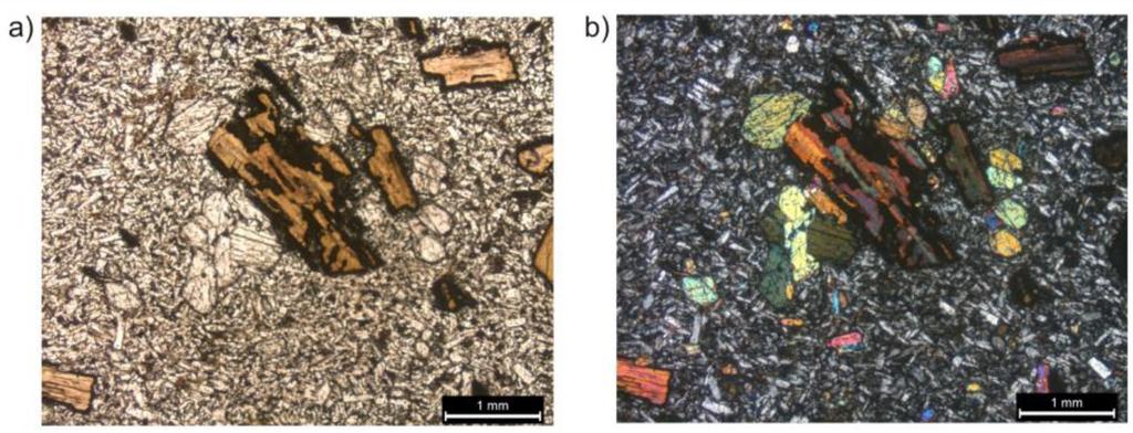 146 Yerbilimleri Olivin mineralleri, UPG örneklerinde mikrofenokristal ve mikrolit olarak gözlenmekte ve glomeroporfirik doku göstermektedir. (Şekil 15).
