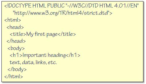 Yapısı doctype- html in uyumluluk türünün belirtildiği kısımdır. html kök (root) elemandır.