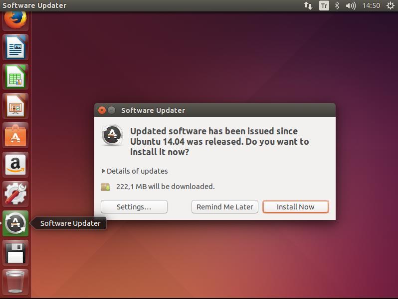 9. Ağ ayarlarını tamamladığınızda eğer ubuntu için bir güncelleme varsa sol menüde Software Updater uyarı