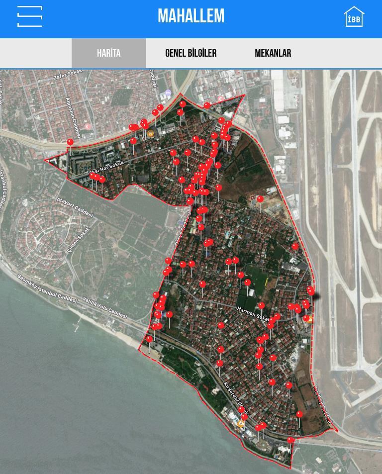 c) Mekanlar: Mekanlar sekmesine tıklandığında mahallenizde bulunan ve harita üzerinde kırmızı