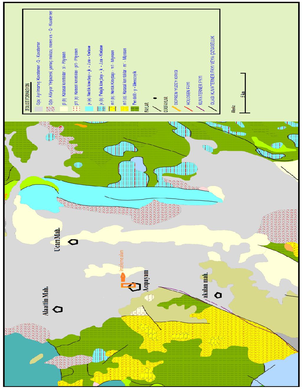 Şekil 2.2: Acıpayam ve civarının jeoloji haritası, tektonik hatlar ve enine jeolojik kesiti [O22a-b (Şenel.