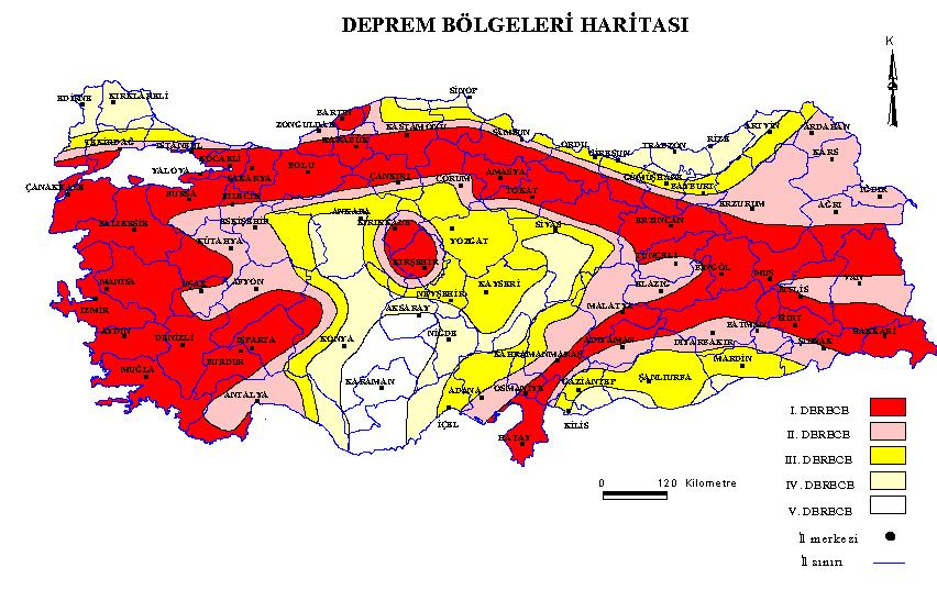 Denizli ve çevresi, Mülga Bayındırlık ve İskan Bakanlığı Türkiye Deprem Bölgeleri Haritasına göre 1. Derece deprem bölgesinde yer almaktadır (Şekil 5.3 ).