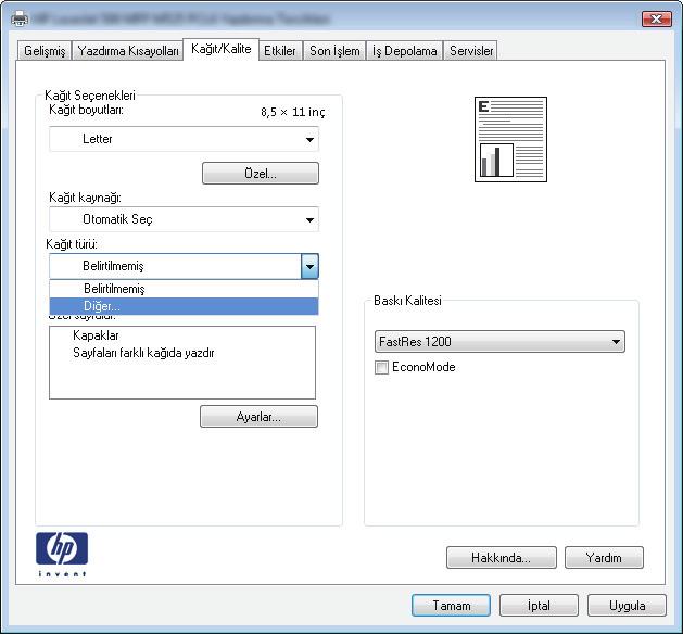 Kağıt türünü seçme (Windows) 1. Yazılım programından Yazdır seçeneğini belirleyin. 2.