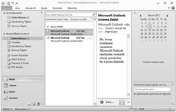 Menüler E-postalar n içeri inin görüntülendi i k s m fiekil 6.20 Outlook 2010 program n n genel görünümü.