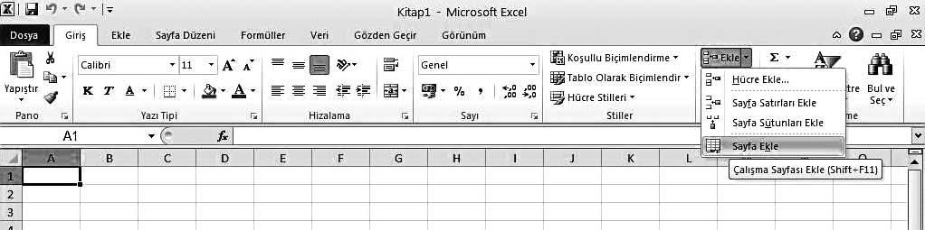 82 Temel Bilgi Teknolojileri-I fiekil 4.7 Çal flma Sayfas Ekleme ve Silme Daha önce de belirtildi i gibi, Excel de yeni bir çal flma kitab açt n zda 3 çal flma sayfas ile aç l r.