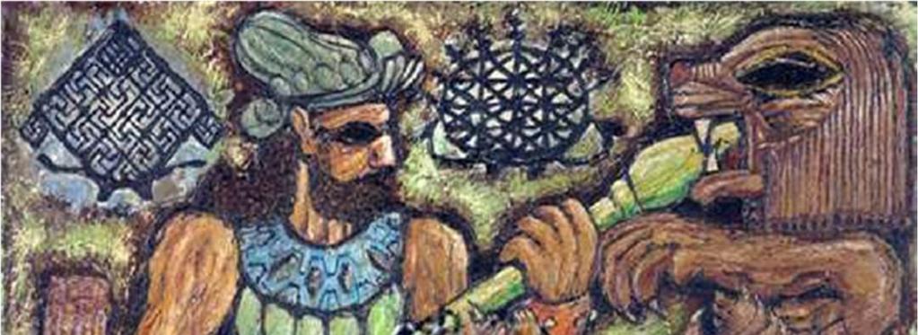 54 Görsel-29: Nuri Abaç, Aslan Terbiyecisi. Tuval üzerine yağlıboya, 70x100 cm. (Hisarlı, 2012: 112) Resme genel olarak baktığımızda, kahverengi ve yeşil renk hâkimdir.