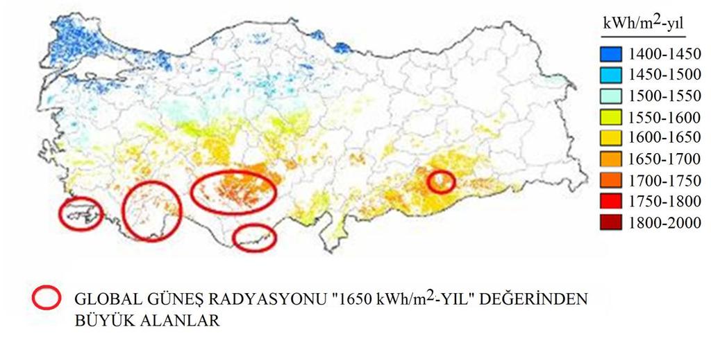 Atlasta, güneş enerjisiyle elektrik üretmek için uygun olan yüksek ışınım değerlerine sahip alanların önemli bir kısmının Konya ovasında yer aldığı görülmektedir. Şekil 3.2.
