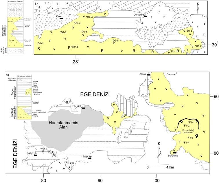 Şekil 2. Çalışma Alanlarının basitleştirilmiş jeolojik haritaları a) Dursunbey bölgesi [23 ten basitleştirilerek], b) Foça Bölgesi [3 ten basitleştirilerek] (*Alınan örnekler.