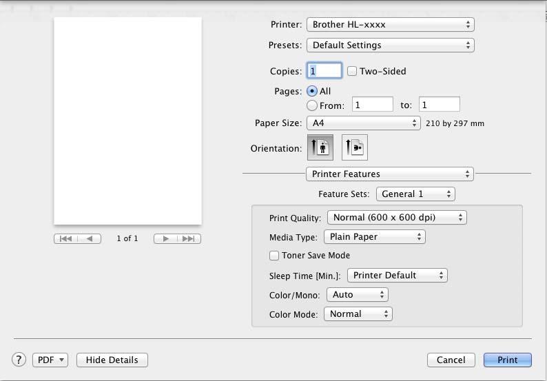 Sürücü ve Yazılım Yazıcı Özellikleri 2 Feature Sets: (Özellik Grupları:) General 1 (Genel 1) 2 Print Quality (Baskı Kalitesi) Baskı Kalitesi açılır menüden aşağıdaki çözünürlüklerden birini seçin.