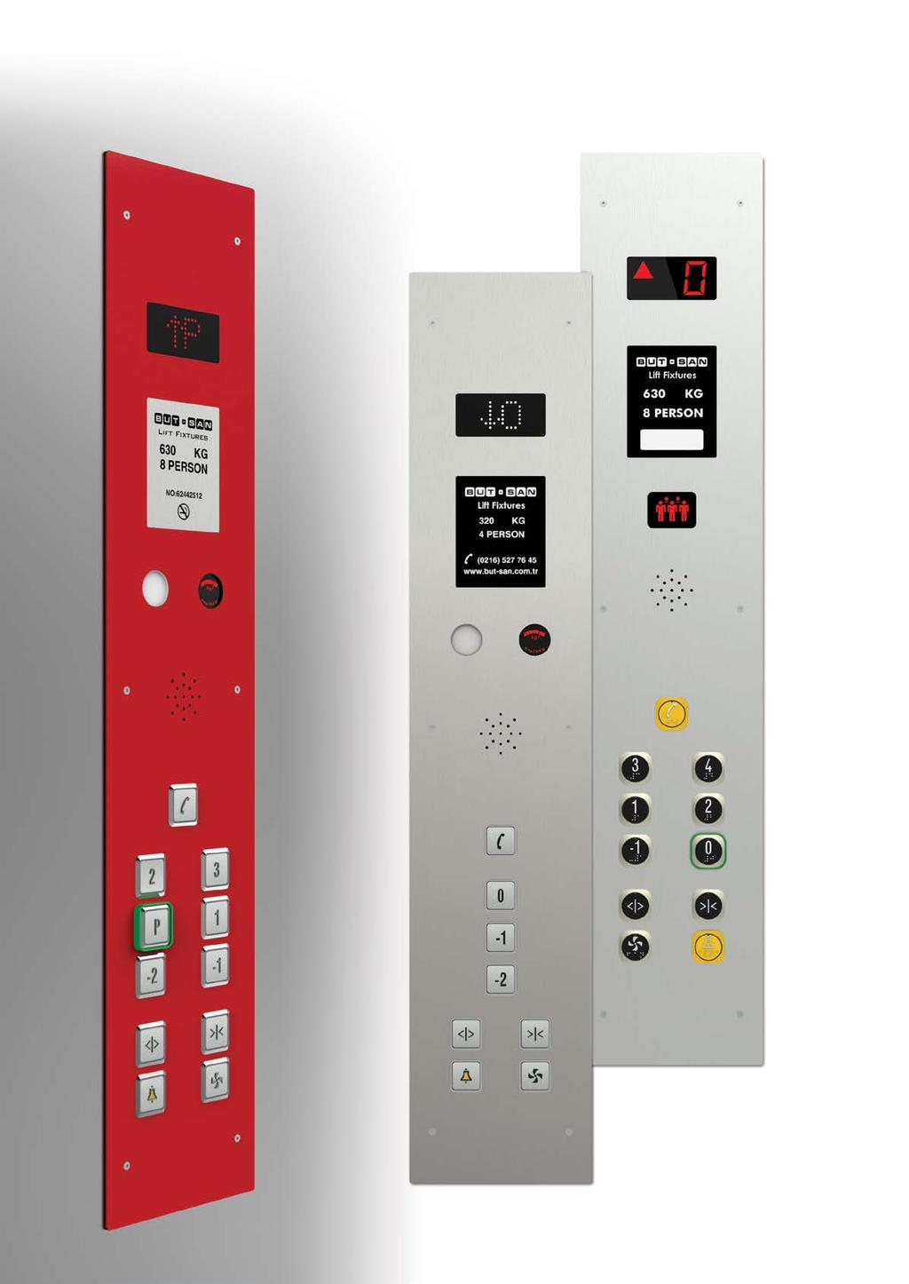 YARIM BOY KABİN BUTONYERLERİ / HALF HEIGHT CAR OPERATING STATIONS Statik boyalı kaset yüzeyi, K1-ENP.LS buton, fiber lazer ile markalanmış asansör kimlik etiketi, kırmızı dotmatrix gösterge ile.