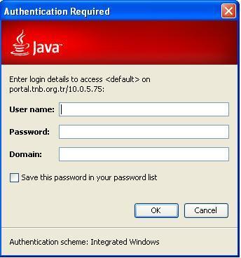 Elektronik anahtar (e-imza cihazı) kullanılan ekranlarda ekrana Şekil 14- Java Authentication Required resminde belirtilen ekran geliyorsa; Username(kullanıcı adı) alanına TNB