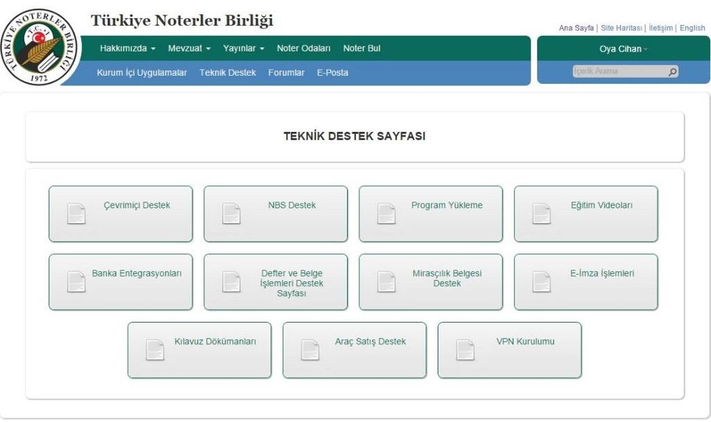 Teknik Destek alt menü altında; Çevrimiçi Destek, NBS Destek, Program Yükleme, Eğitim Videoları, Banka Entegrasyonları, Defter ve Belge İşlemleri Destek sayfası, Mirasçılık Belgesi Destek, E-İmza