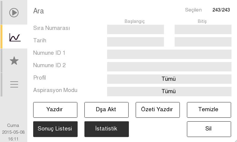 z Numune sonuçlarını yazdırmak için Yazdır düğmesine basın. z Numune sonuçlarını USB cihazı veya ana cihaza Aktarmak için Dşa Akt düğmesine basın. z Kapat düğmesine basarak Başlat Menüsü'ne dönün.