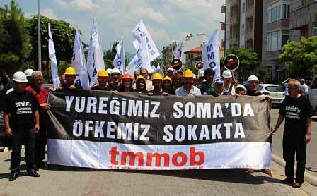 SOMA`DA KATLEDİLEN MADENCİLERİN ACISINA ORTAK OLDUK TMMOB üyesi mühendis, mimar ve şehir plancıları, 15 Haziran 2014 tarihinde Soma da bir anma ve öfke yürüyüşü yaparak Soma da katledilen