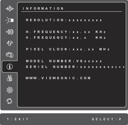 Kontrol Açıklamas Information (Bilgi) Bilgisayardaki grafik kartından gelen zamanlama modunu (video sinyal giri i), LCD model numarası, seri numarası ve ViewSonic web sitesi URL'sini gösterir.