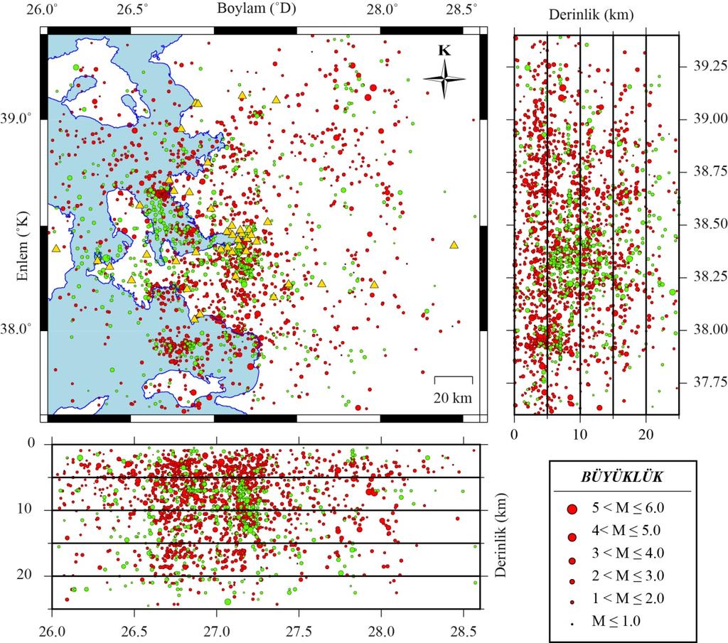 Şekil 3. Tüm katalog (kırmızı) ve seçilen (yeşil) depremlerin derinlik dağılımları (Depth distribution of all catalog (red) and selected (green) earthquakes) Şekil 4.