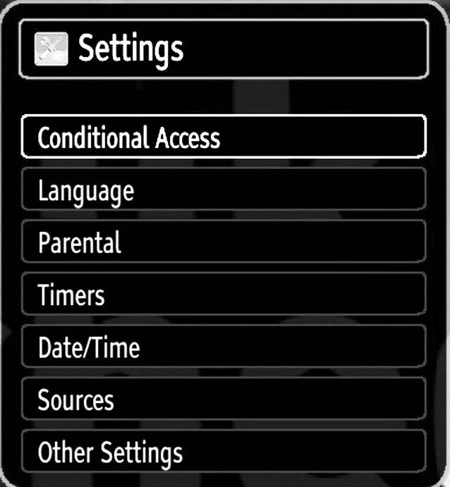 Configuring Your TV s Settings Detailed settings can be configured to suit your personal preferences. Press MENU button and select Settings icon by using or button.