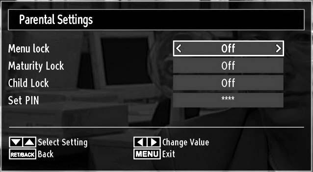Factory default PIN number is 0000. After coding the correct PIN number, parental settings menu will be displayed: In the settings menu, highlight the Language Settings item by pressing or buttons.