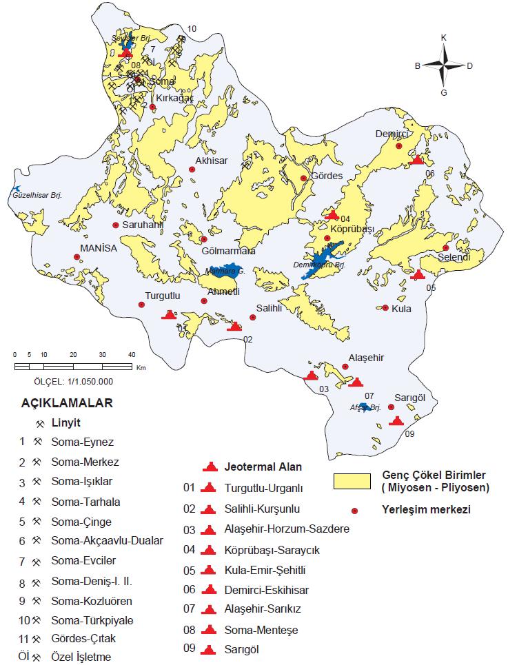 Manisa ili Miyosen-Pliyosen yaşında gölsel kaya birimleri ile kömür sahaları ve sıcak su kaynakları haritası (MTA, 2009).