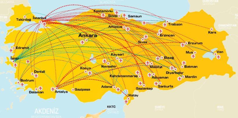 Odessa İç Hatlar : Adıyaman, Tekirdağ, Sinop Ağustos ayında İzmir den Batman a, Sabiha
