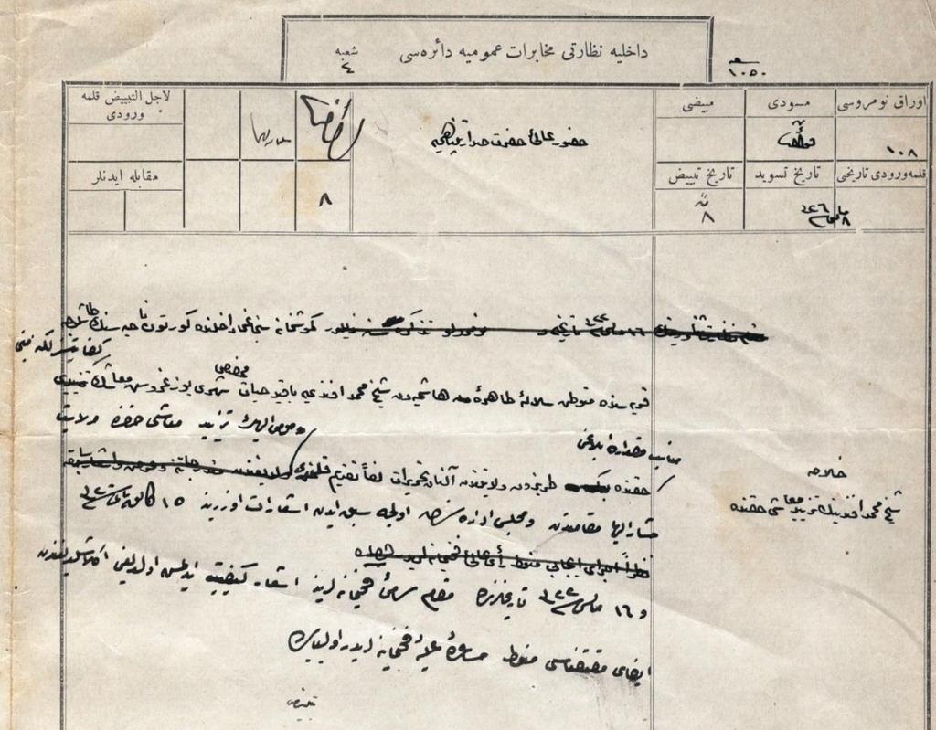 Dahiliye Nezaret-i Muhaberat-ı Umumiye Dairesi Huzur-ı Âlî-i Hazret-i Sadâret-penâhiye Fi 8 Mayıs Sene (1)326 (21 Mayıs 1910) Hülasa: Şeyh Mehmed Efendi nin tezyid-i maaşı hakkında Gümüşhane Sancağı